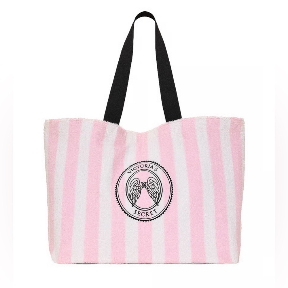 🆕 Victoria's Secret Angel Essentials Terry Tote Bag Pink & White Striped Logo